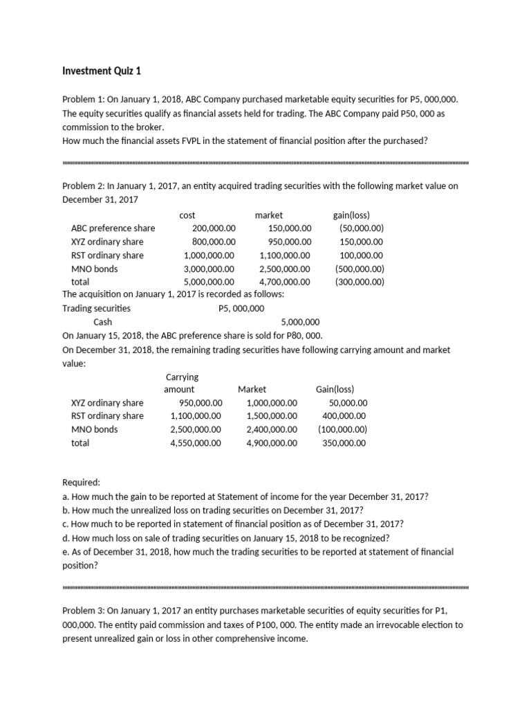 Investment Quiz 1 | PDF | Securities (Finance) | Equity (Finance)