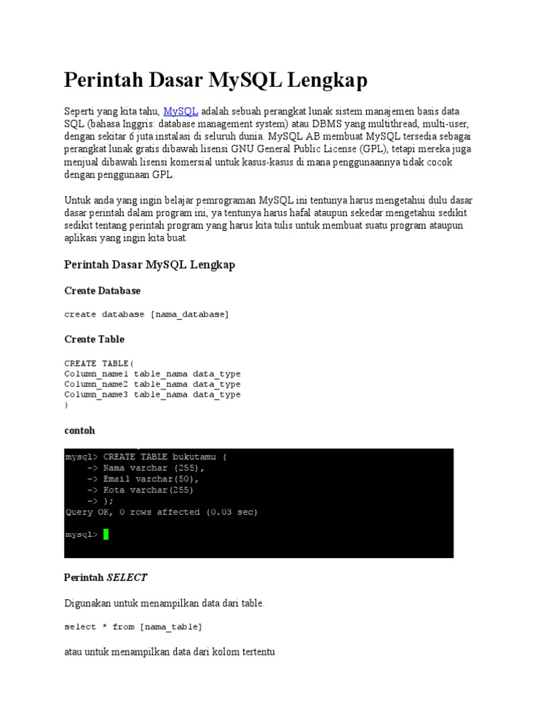 Perintah Dasar MySQL Lengkap | PDF | Metode & Bahan Ajar
