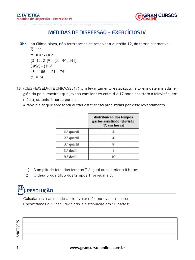 Exercícios sobre medidas de dispersão estatísticas, incluindo amplitude ...