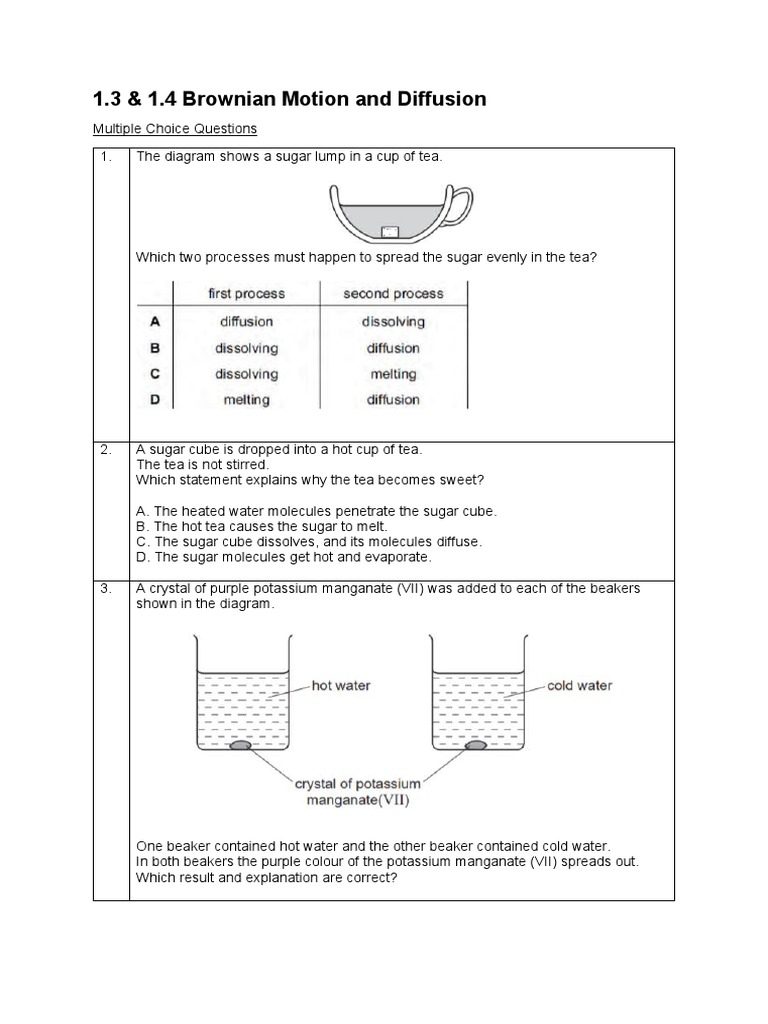 Brownian Motion and Diffusion Questions | PDF | Ammonia | Diffusion
