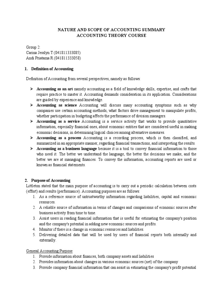 Nature and Scope of Accounting Summary PDF Efficient Market