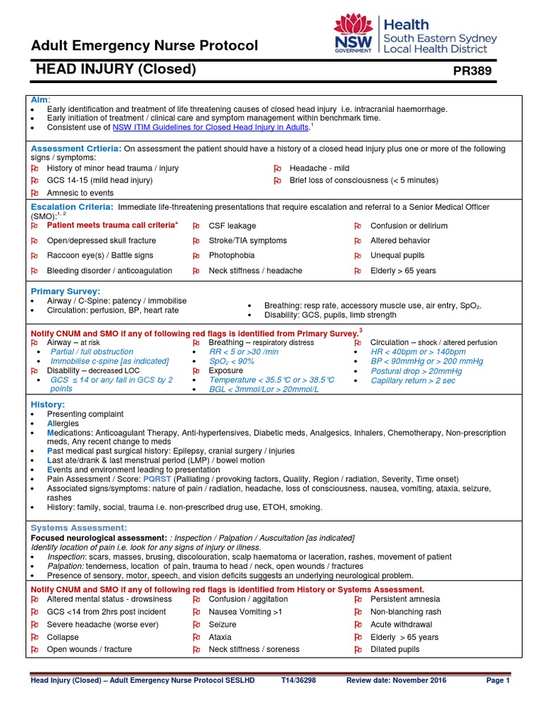 Closed Head Injury Protocol NSW Health | PDF | Headache | Emergency ...