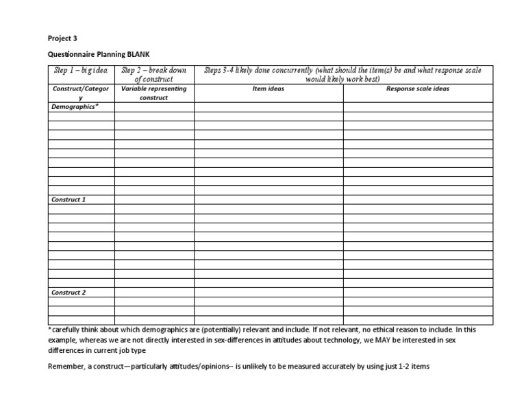 Project 3 Questionnaire Planning BLANK | PDF