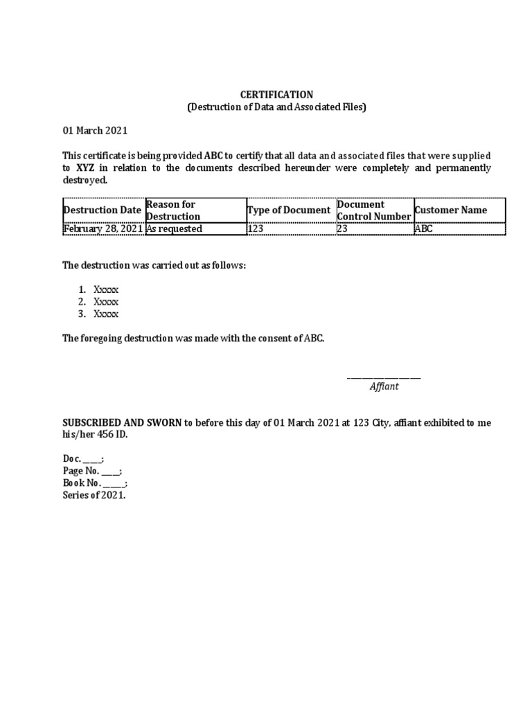 Data Destruction Certification Template | PDF