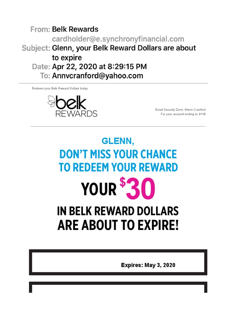 Glenn, Your Belk Reward Dollars Are About To Expire PDF Master Card