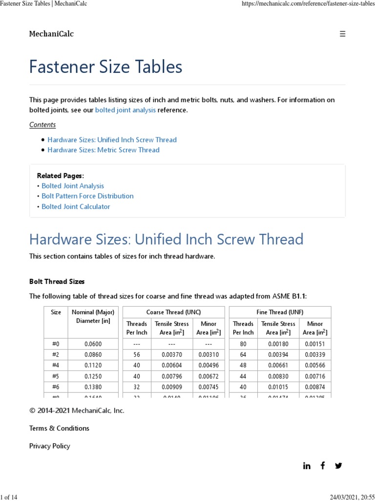 Fastener Size Tables - MechaniCalc | PDF | Screw | Mechanical Engineering