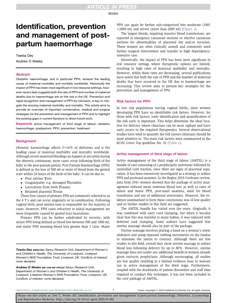 Identification, Prevention and Management of Postpartum Haemorrhage ...