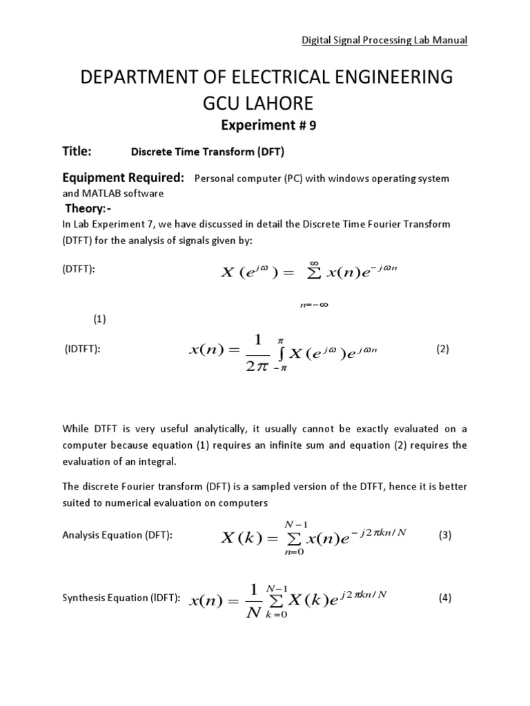 Department of Electrical Engineering Gcu Lahore Experiment PDF