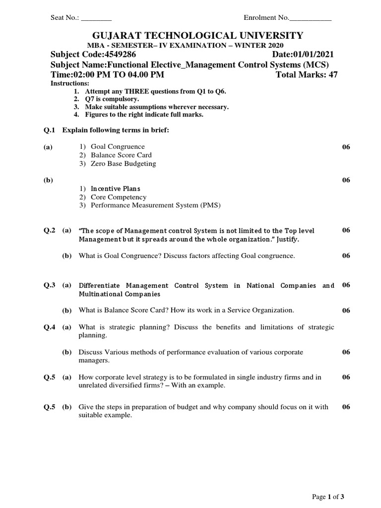 Management Control Systems Exam Questions Covering Goal Congruence