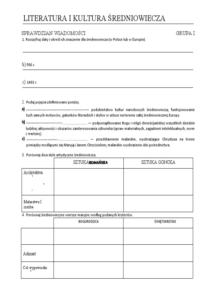 Czasy średniowiecza Sprawdzian Klasa 5 Gwo