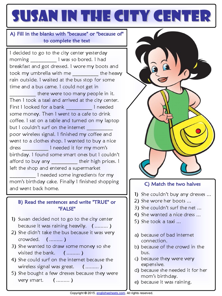 Because or Because of Esl Reading Exercises Worksheet For Kids | PDF ...