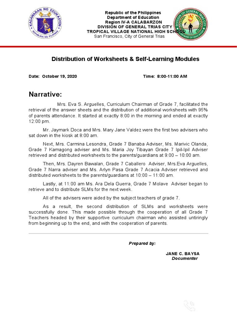 Narrative Distribution of Worksheets & SelfLearning Modules PDF