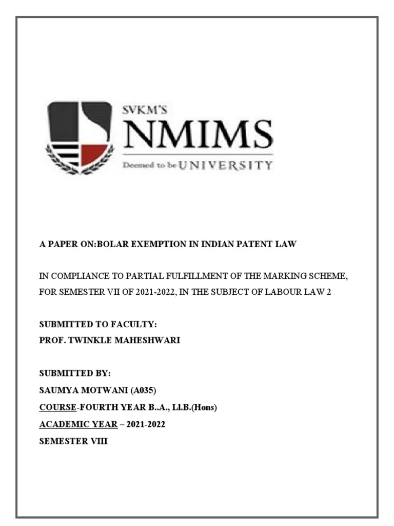 Bolar Exemption in Indian Patent Law | PDF | Generic Drug | Patent