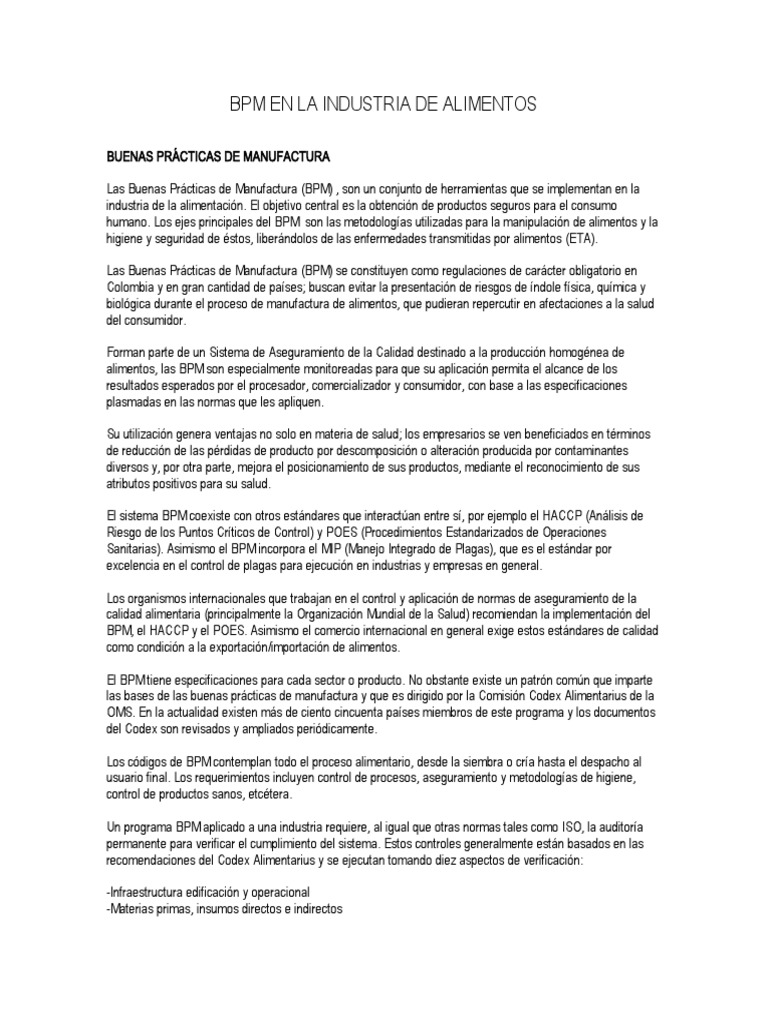 BPM en La Industria de Alimentos | PDF | Análisis de Riesgo y Puntos ...