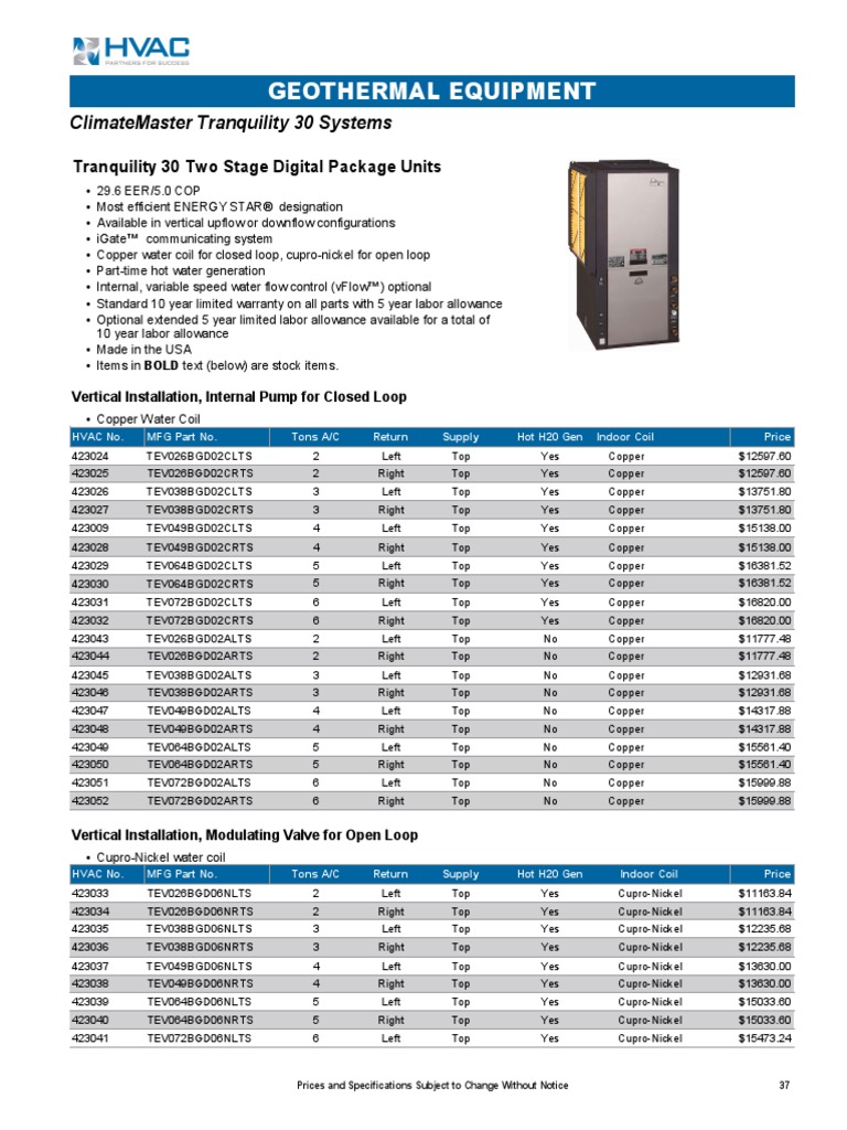 Geothermal Equipment: Climatemaster Tranquility 30 Systems | PDF | Air ...
