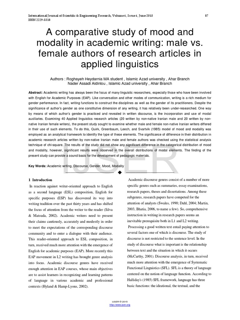 A Comparative Study of Mood and Modality in Academic Writing Male Vs ...