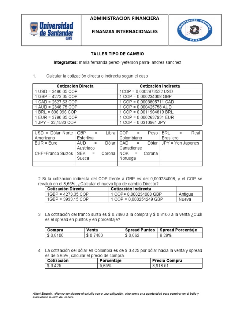 Taller de Finanzas Internacionales y Tipos de Cambio | PDF | Libra ...