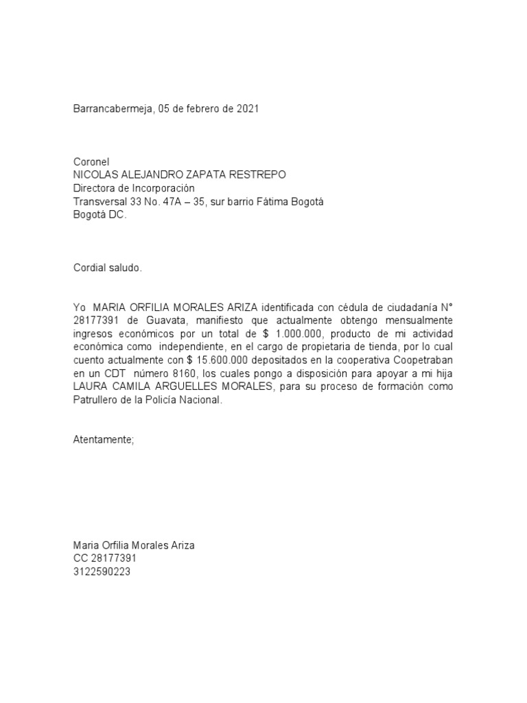 Carta de sustento económico para formación | PDF | Finanzas y dinero | Cocina, comidas y vino