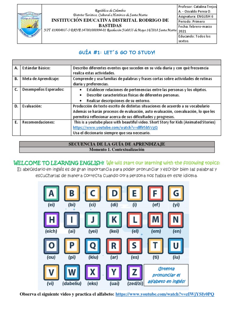 Guía de Inglés para Sexto Grado | PDF | Idioma en Inglés | Alfabeto