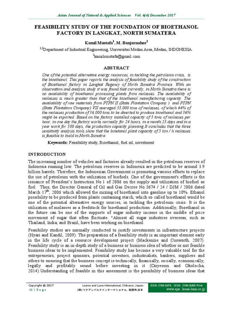 Feasibility Study Bioethanol | PDF | Net Present Value | Biofuel