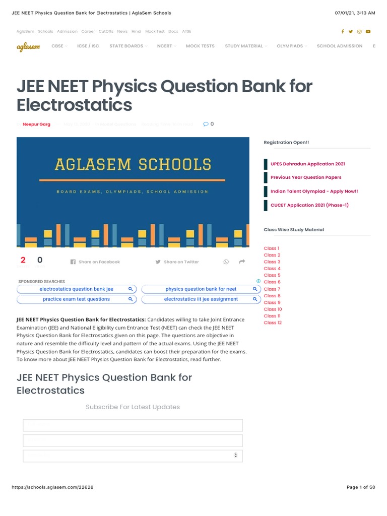 JEE NEET Physics Question Bank For Electrostatics | PDF | Career And ...
