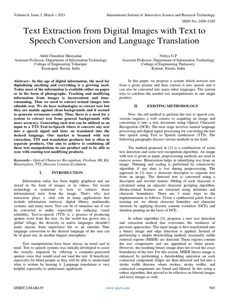 Text Extraction From Digital Images With Text To Speech Conversion and ...