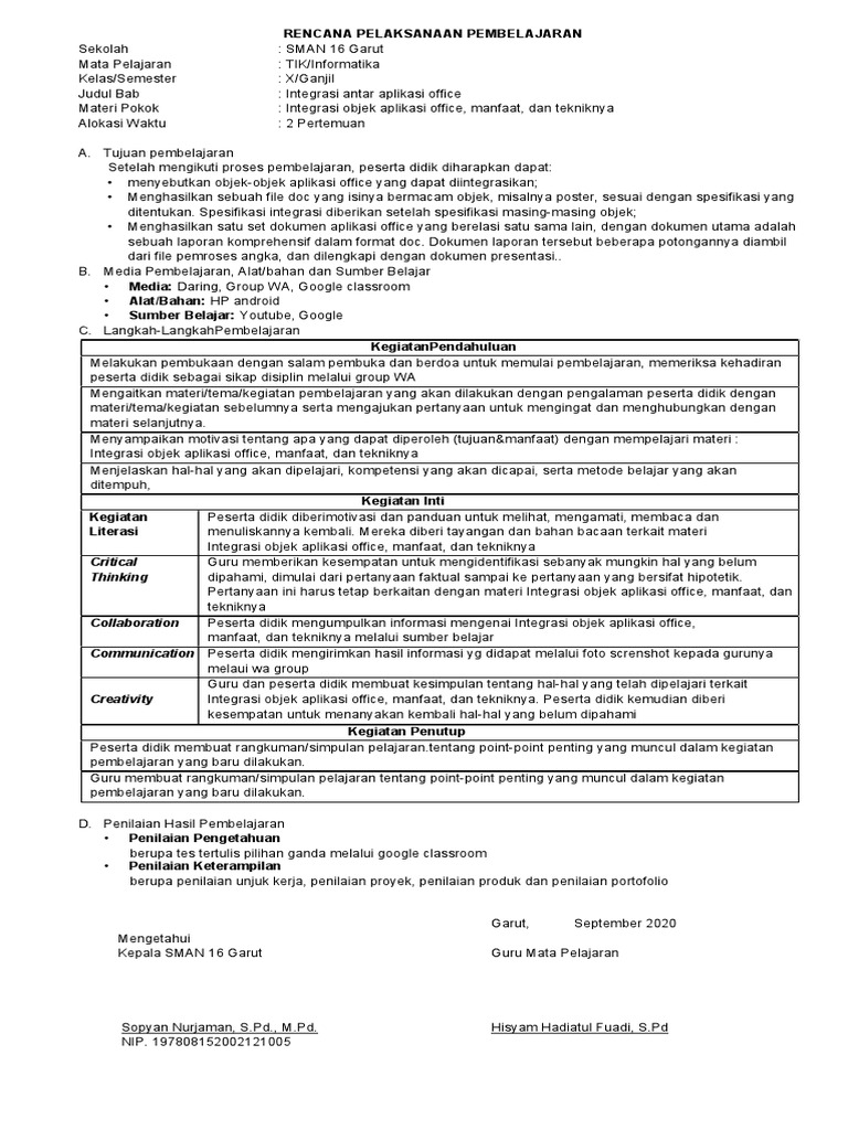 RPP Informatika Kelas X Semester 1 | PDF