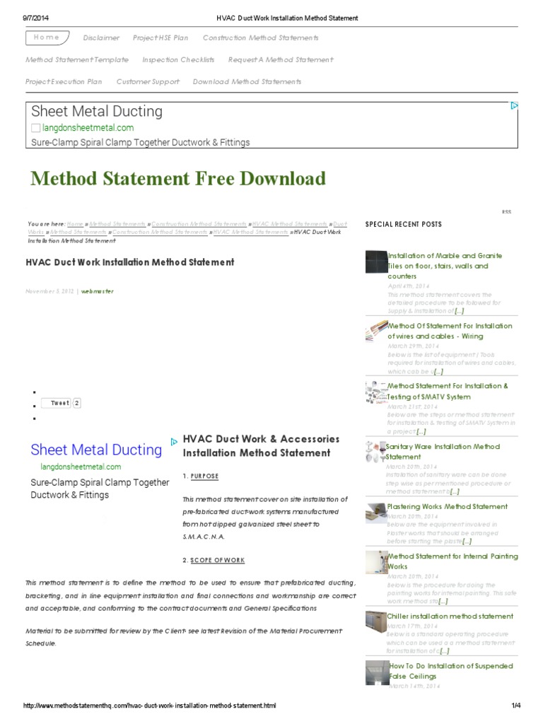 HVAC Duct Work Installation Method Statement PDF PDF