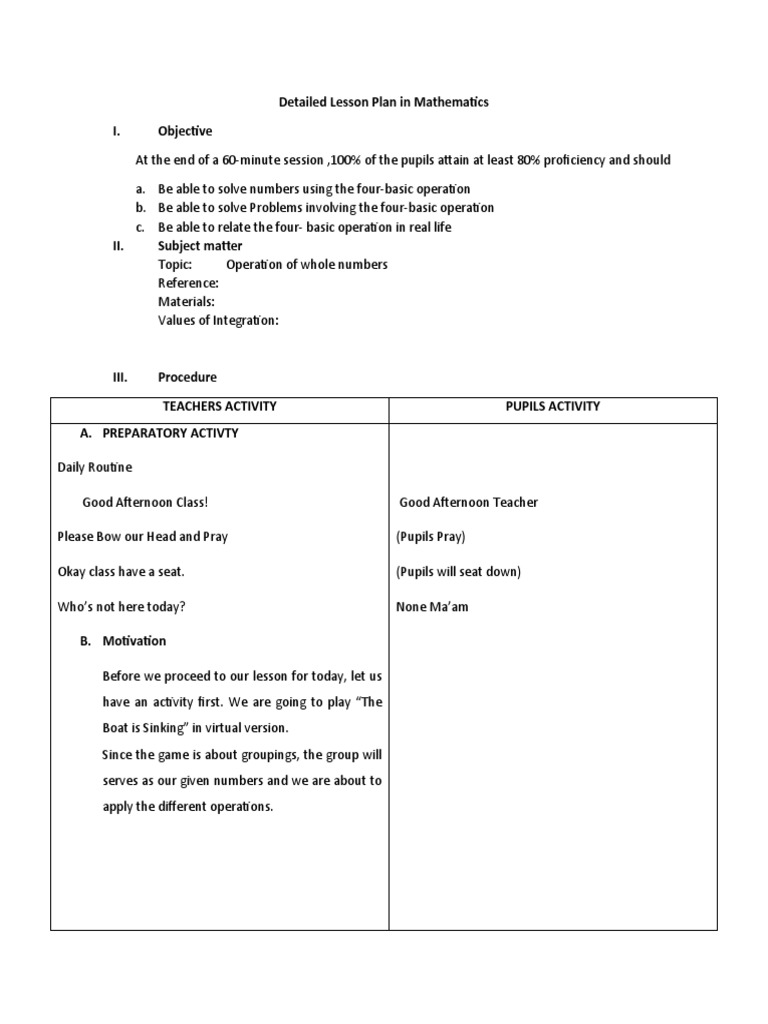 Detailed Lesson Plan in Mathematics I. Objective | PDF | Subtraction ...