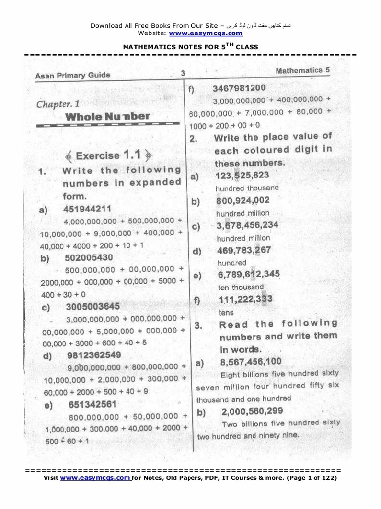 5th Class Mathematics Notes | PDF