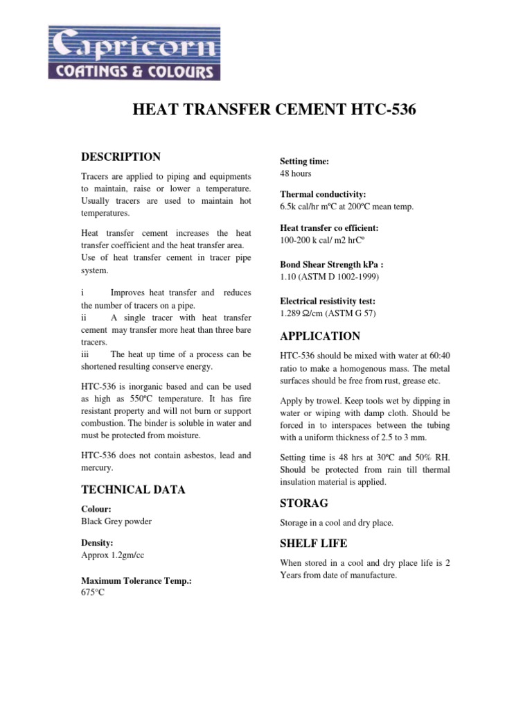 Heat Transfer Cement Htc536 Description PDF Heat Transfer
