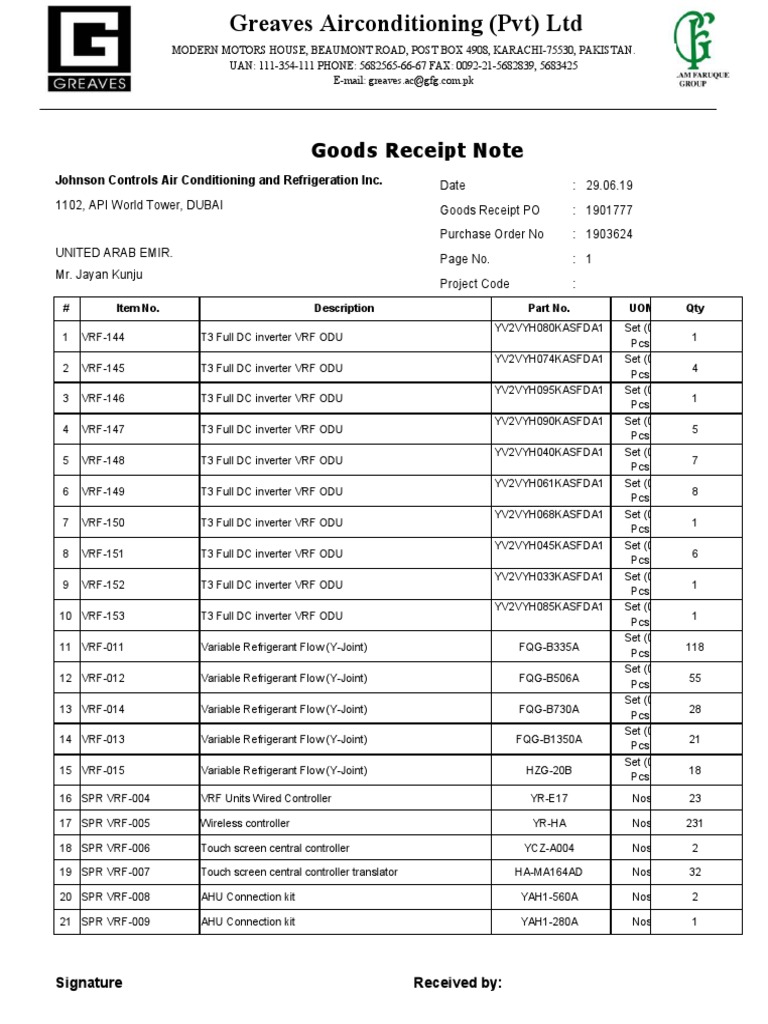Goods Receipt Note Johnson Controls Air Conditioning and Refrigeration