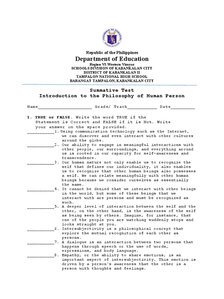 Summative Test in Philosophy | PDF | Emotions | Self