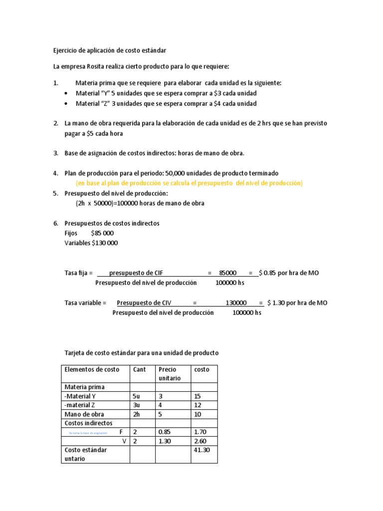 Ejercicio De Aplicacion De Costo Estandar Pdf Presupuesto Economias