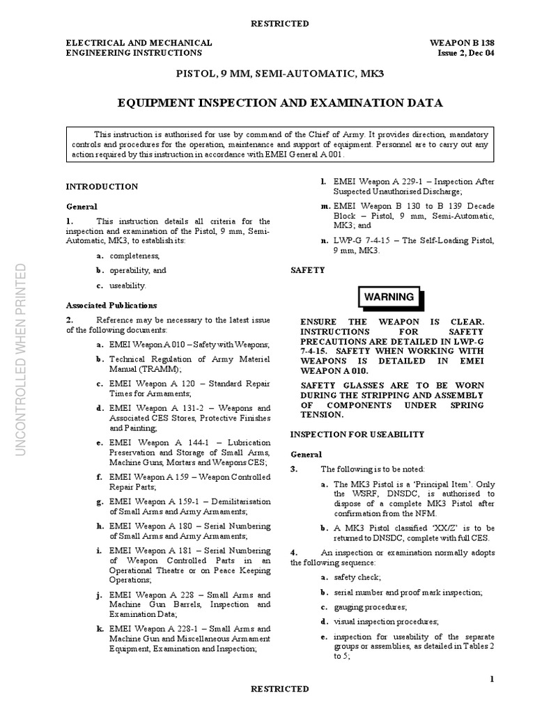 Equipment Inspection and Examination Data: Pistol, 9 MM, Semi-Automatic ...