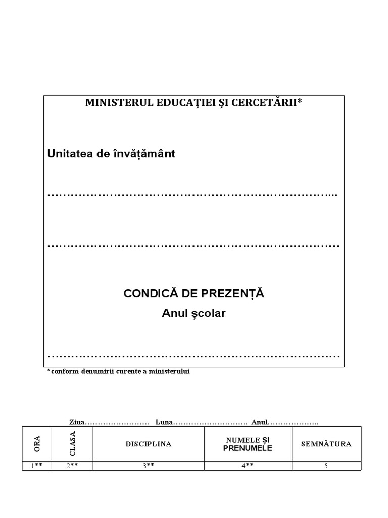 Noua Condica de Prezenta Destinata Cadrelor Didactice PDF