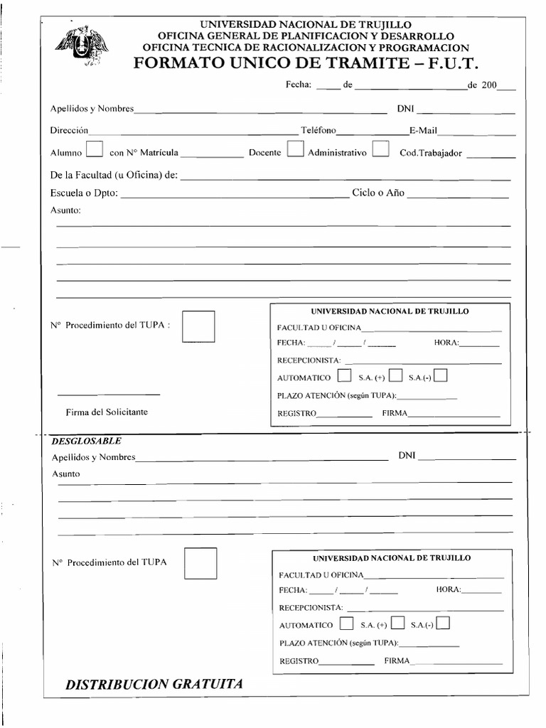 Formato Único de Trámite - F.U.T. UNT | PDF