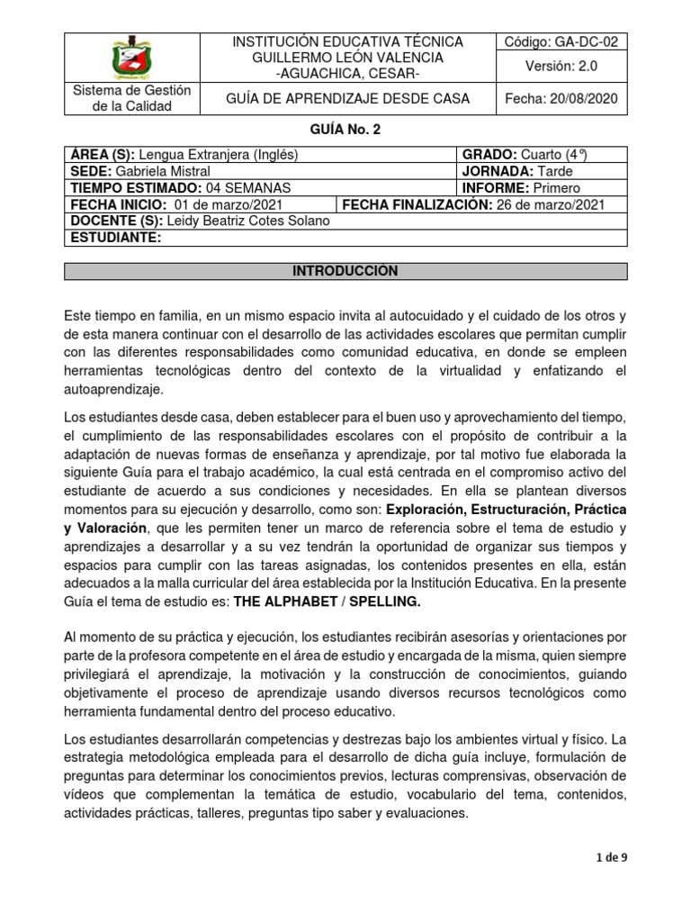 Inglés Grado 4° # 2 | PDF | Aprendizaje | Comunicación