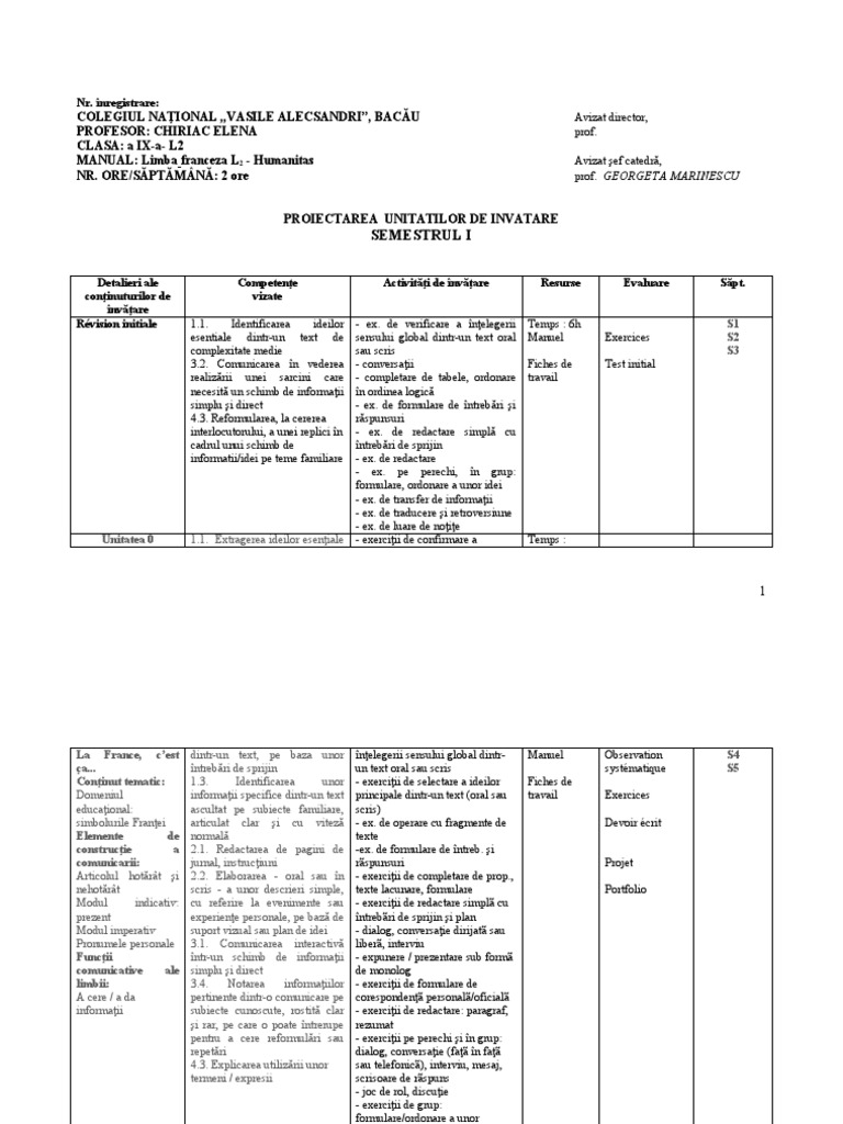 Planificare - Unitati - IX l2 - Humanitas | PDF