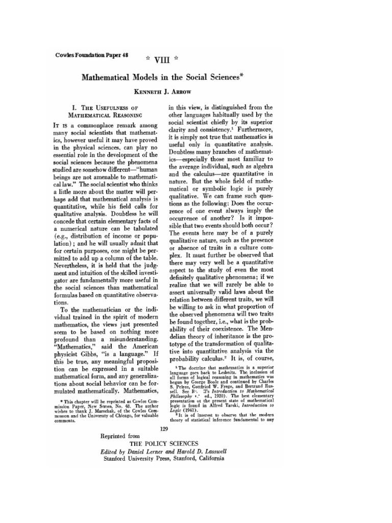 Mathematical Models in Social Sciences (Kenneth ARROW) | PDF