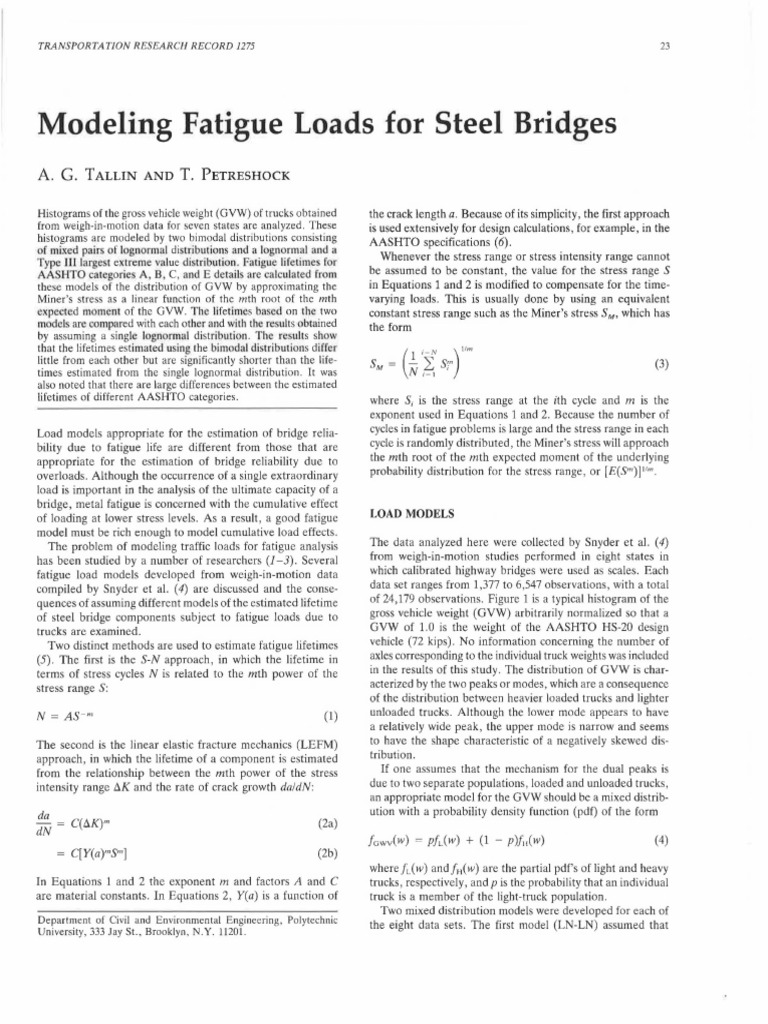 Modeling Fatigue Loads For Steel Bridges Petreshock PDF Fatigue