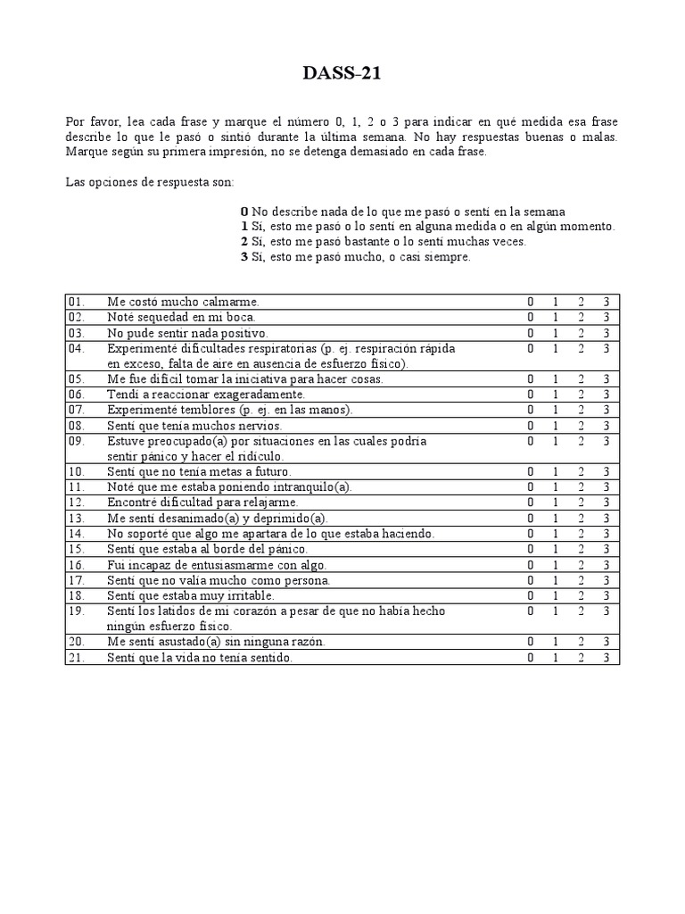 Evaluación de síntomas de depresión, ansiedad y estrés: Cuestionario ...