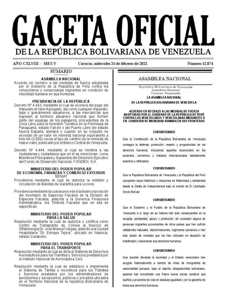 Humana Todo A 1 Euro 2021 Sumario Asamblea Nacional: Caracas, Miércoles 24 de Febrero de 2021 Número  42.074 Año Cxlviii - Mes V | PDF | Venezuela | Gobierno