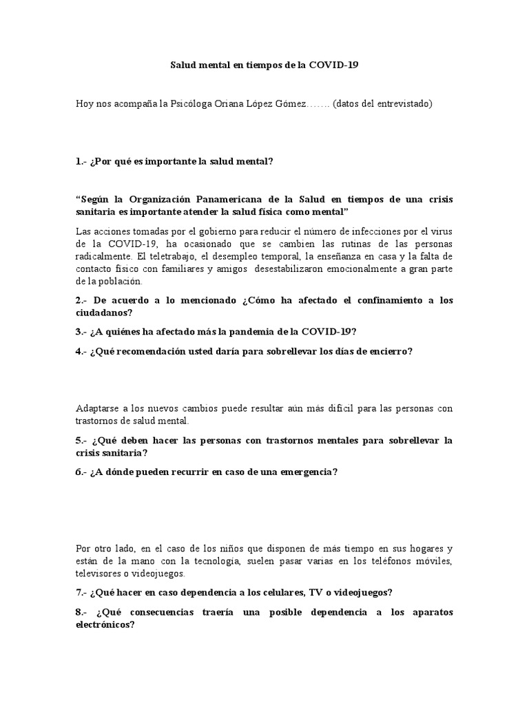 Salud Mental en Tiempos de La COVID 19 Psicologa Oriana | PDF