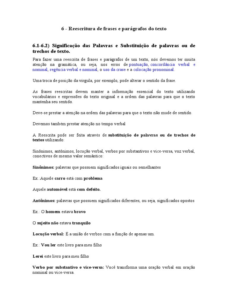 6-Reescrita de Frases e Parágrafos Do Texto | PDF | Assunto (gramática ...