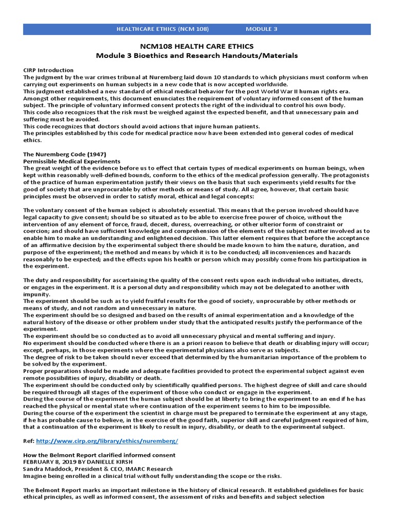 Module 3 Bioethics and Research Handouts | PDF | Informed Consent ...