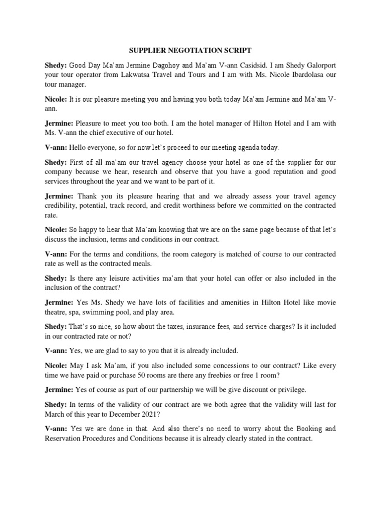 Supplier Negotiation Meeting Script | PDF | Hotel | Hotel And Accommodation