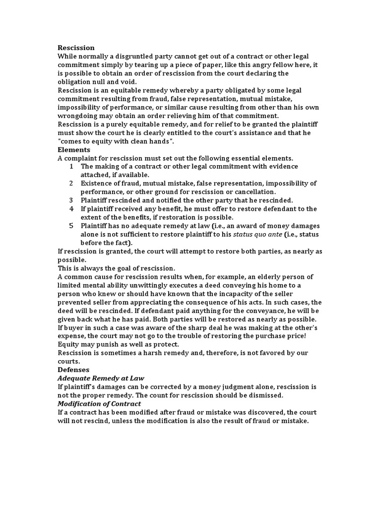 Rescission Cause Of Action Meaning PDF Legal Remedy Equity Law 