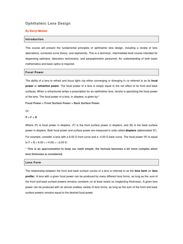 Ophthalmic Lens Design PDF Lens (Optics) Optics
