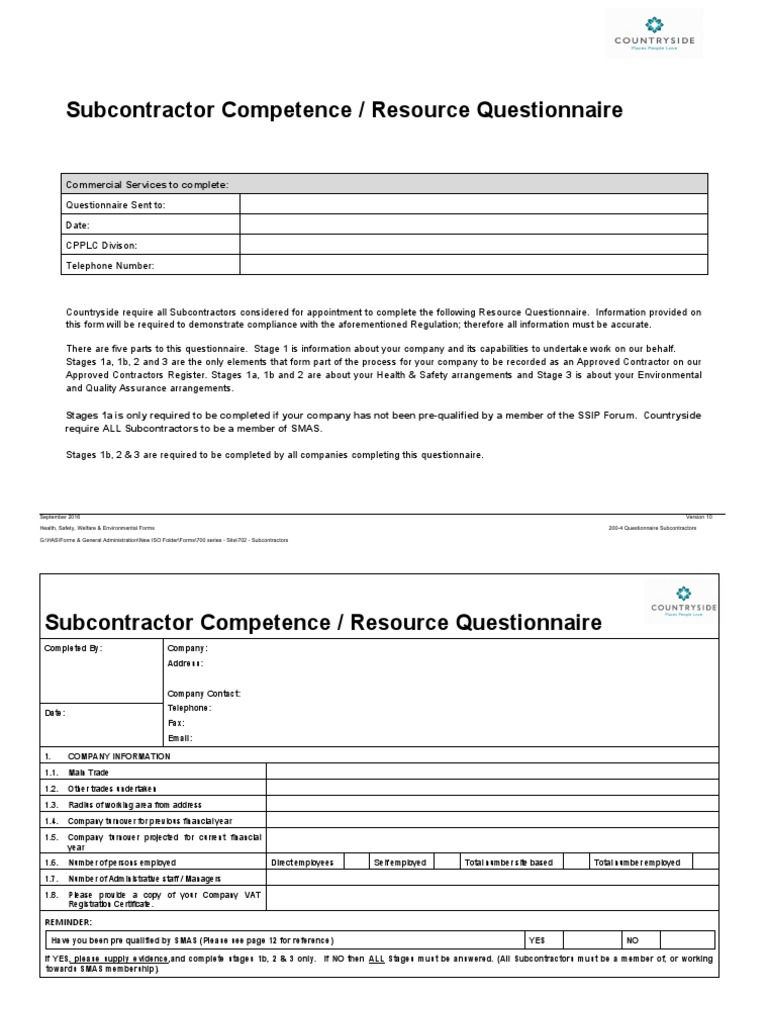 Sub Contractor Competence and Resource Questionnaire | PDF | Risk ...